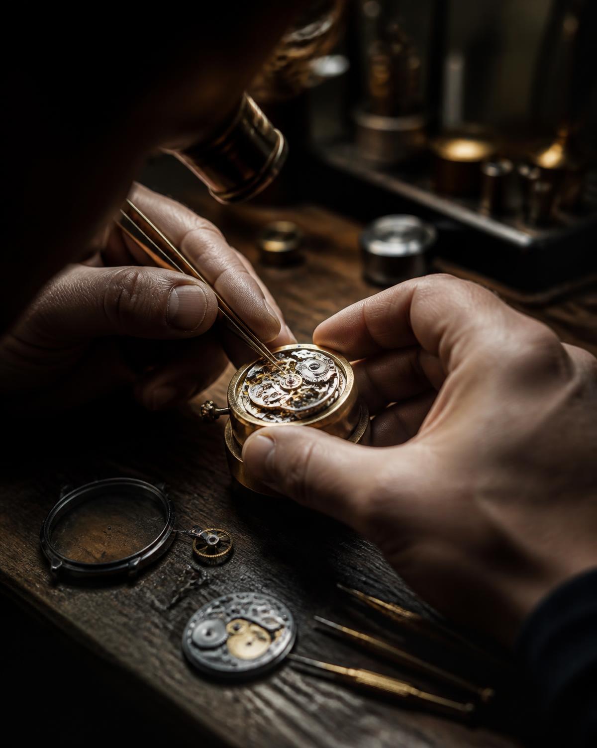 A watchmaker assembling a mechanical watch movement at a wooden workbench