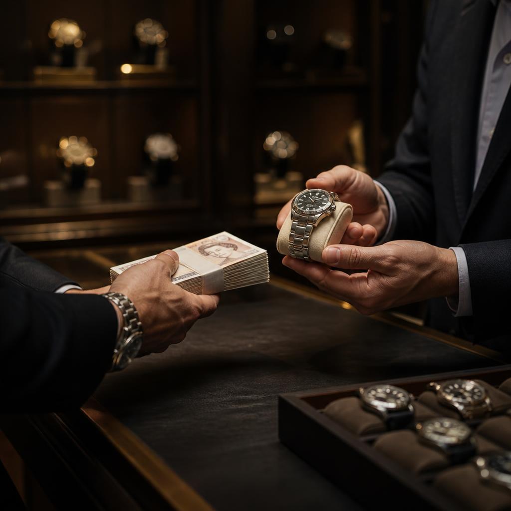A dealer buying a luxury wristwatch across a showroom counter, cash exchanged in hand